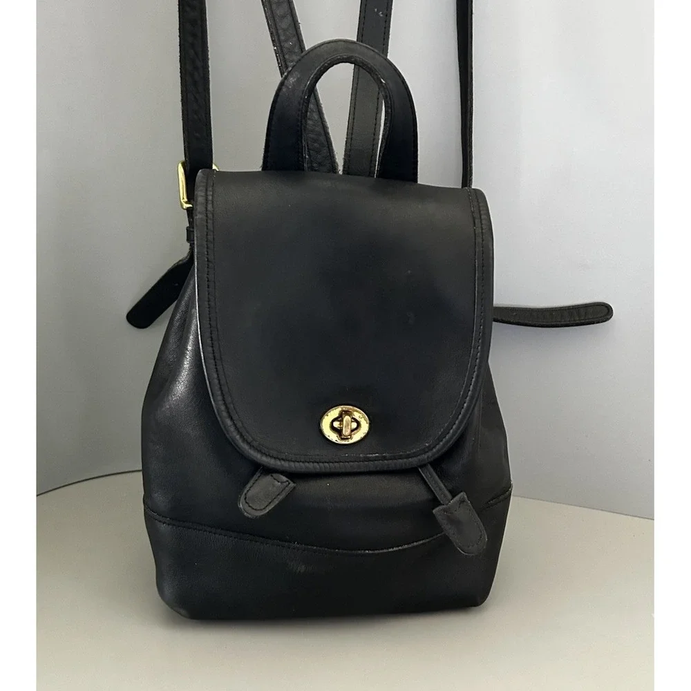 Vintage COACH 9960 Black Leather Backpack Bag Turnlock Brass Hardware Y2K 90s